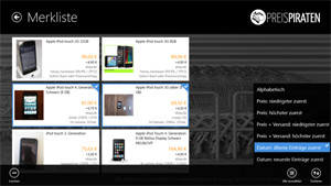Screenshot mit der Merkliste und einigen Sortier-Optionen